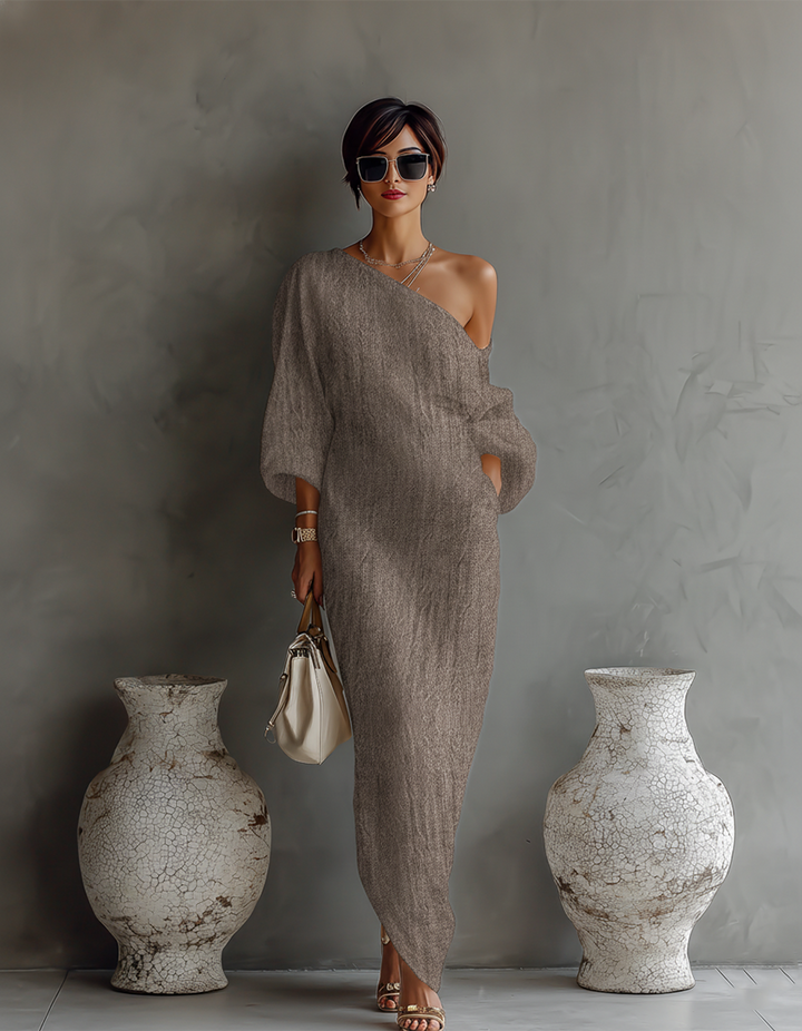 Off-shoulder linen dress, elegant, flowy, women's fashion, natural fabric, summer style, image 4 of 8