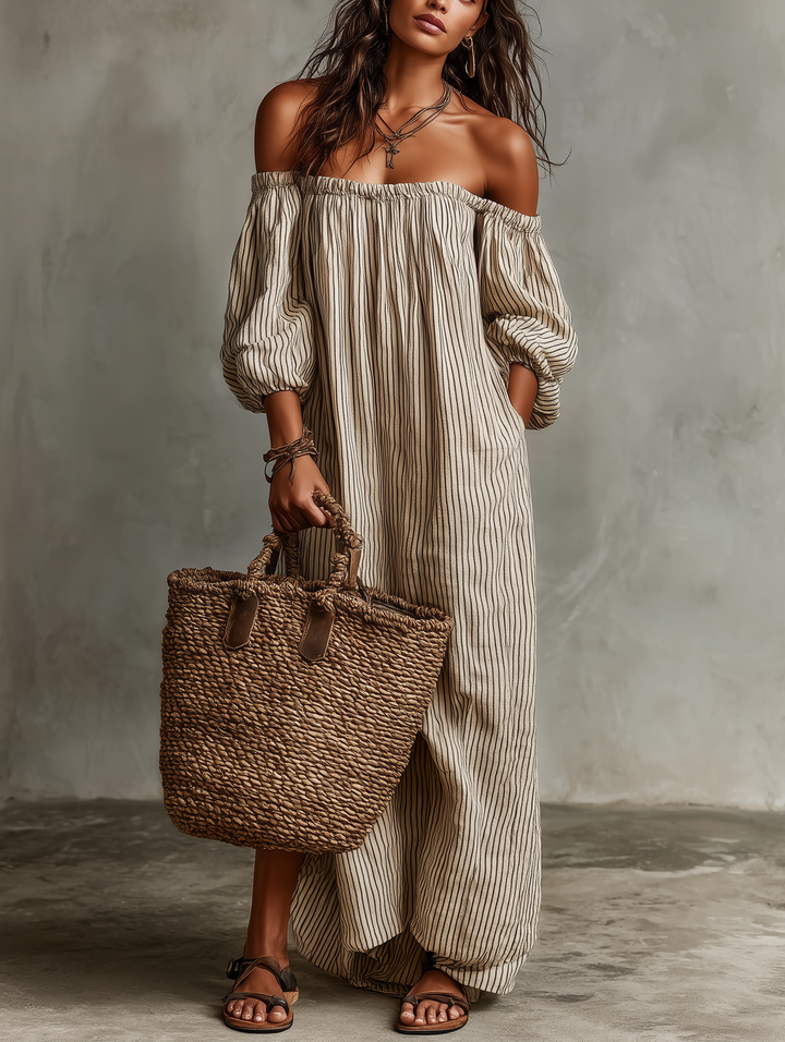 Carmen | Hosszú pamut és len ruha off-the-shoulder dizájnnal