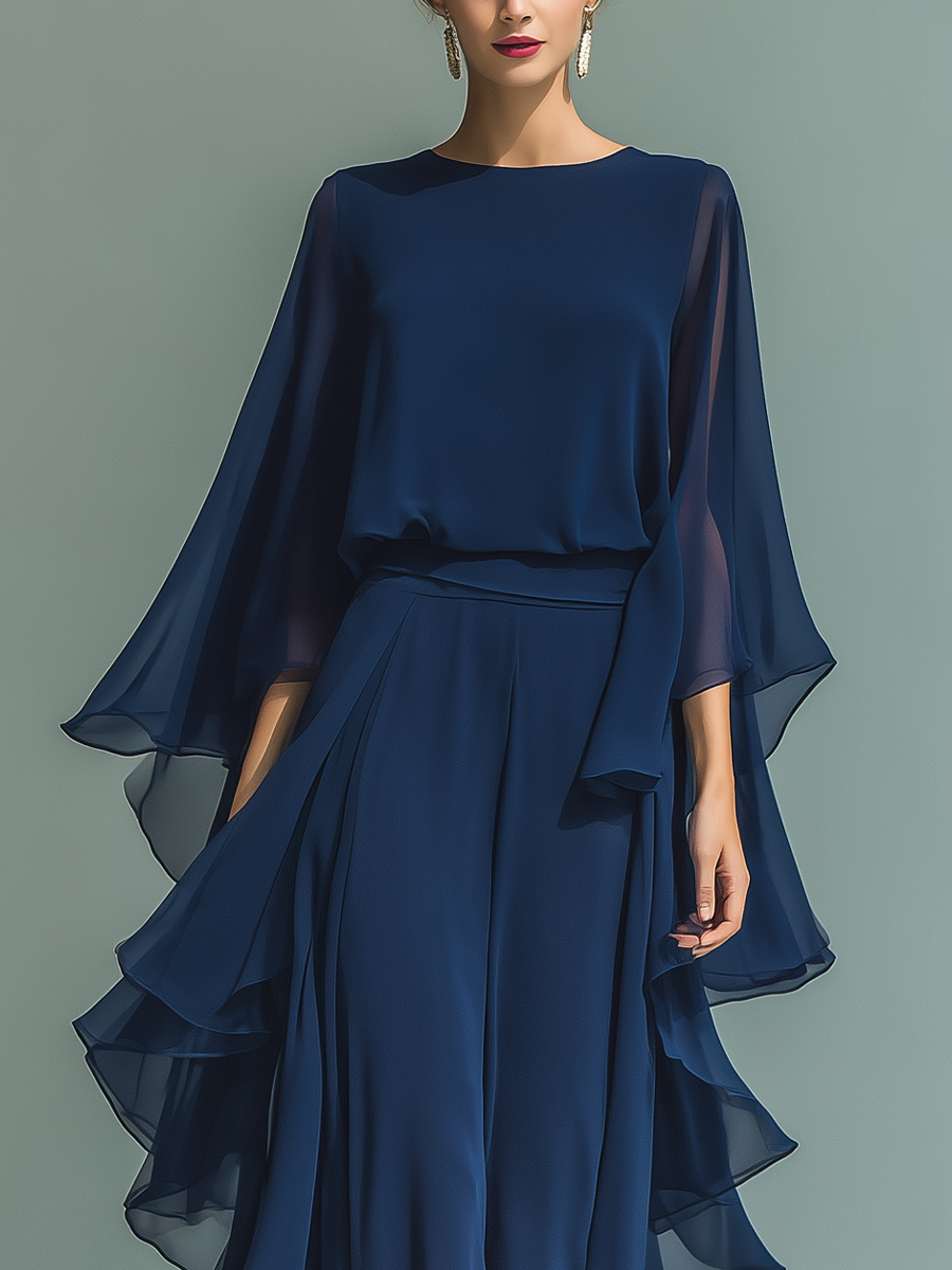 Chiffon-Set mit Rüschen, eleganter Zweiteiler, Detailansicht, Produktbild 3 von 5