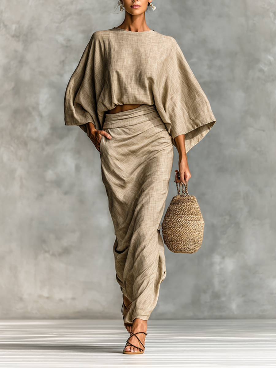 Leinen Rock & Top Set für Damen, Zweiteiler, beige, Vorderansicht, Model.