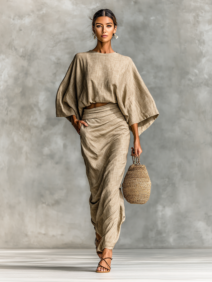 Leinen Rock & Top Set Damen Zweiteiler, beige, luftig, sommerlich, Freizeit, Outfit, 4 von 5