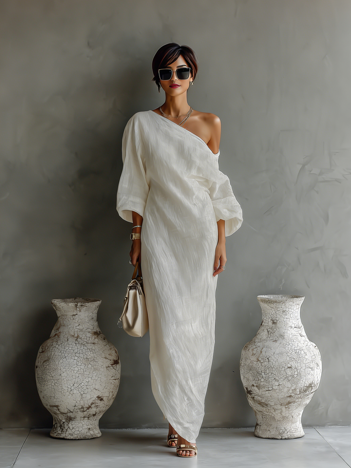 Elegant off-shoulder linen dress, flowing, light pink, perfect for summer, product image 7 of 8