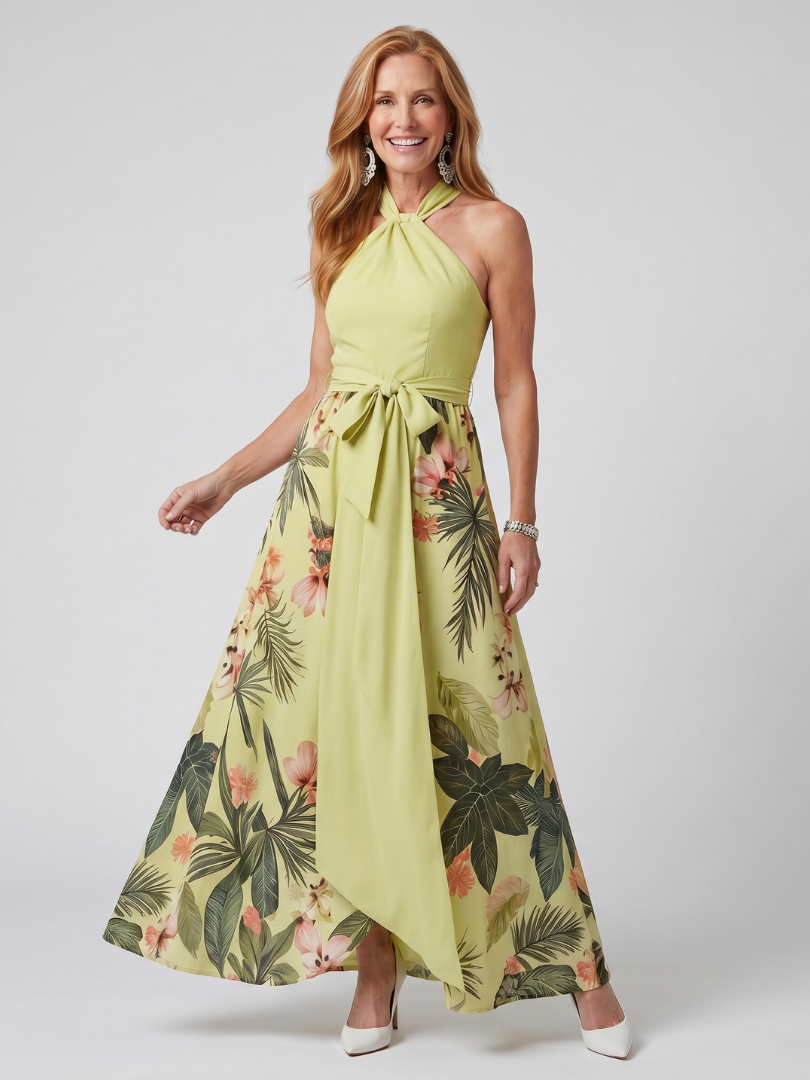 Mező | Draped Halter Botanikai Panel Maxi Ruha