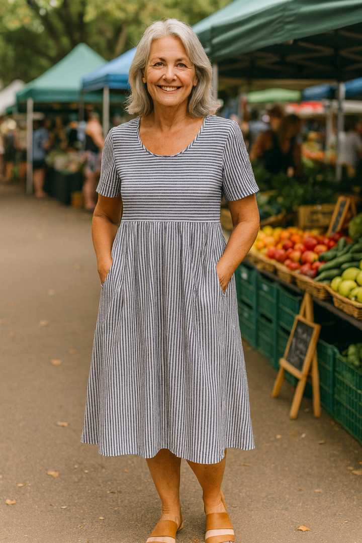 Louise | Csíkos Midi Ruha – Gondtalan Kényelem, Mindenapi Magabiztosság