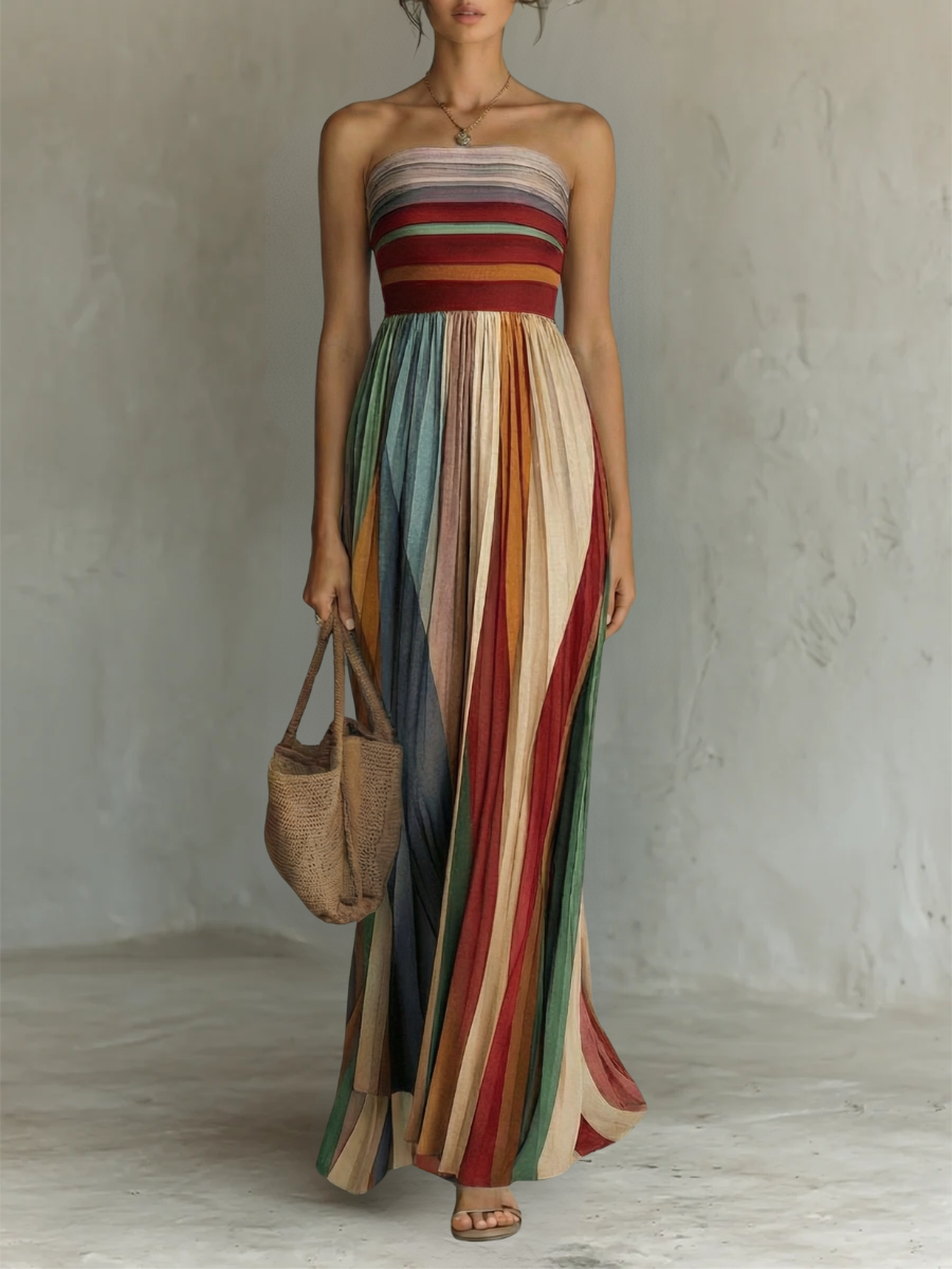 Colorful sleeveless maxi dress, elegant women's fashion, front view.