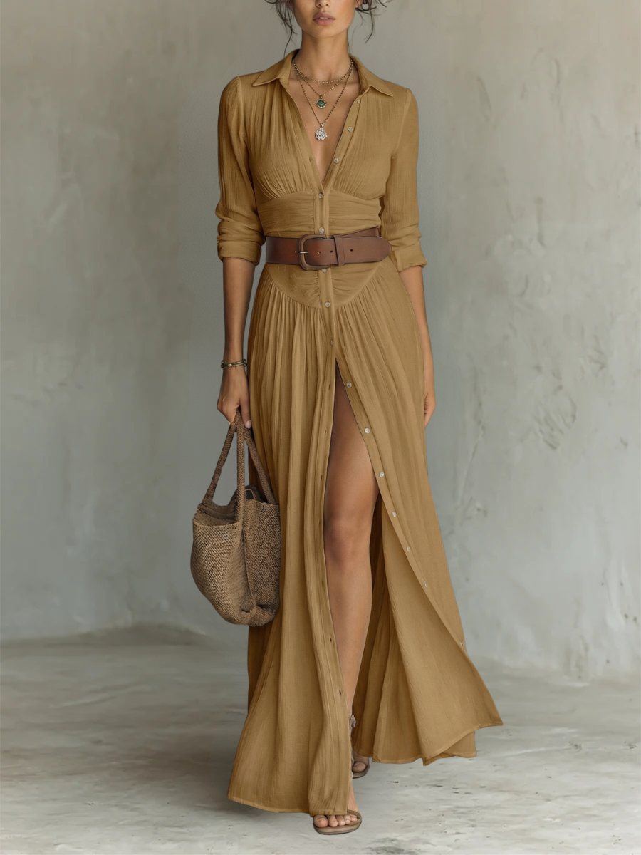 Leinen Maxikleid Langarm, Reverskragen, elegantes Damenkleid, Rückansicht, Position 6 von 6.