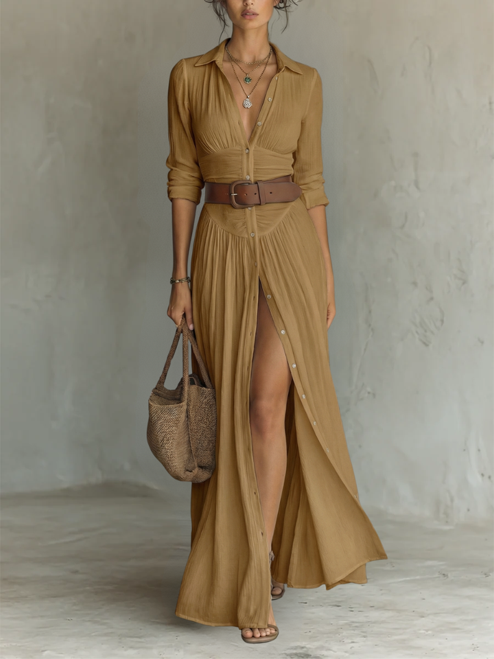 Leinen Maxikleid Langarm, Reverskragen, elegantes Damenkleid, Rückansicht, Position 6 von 6.
