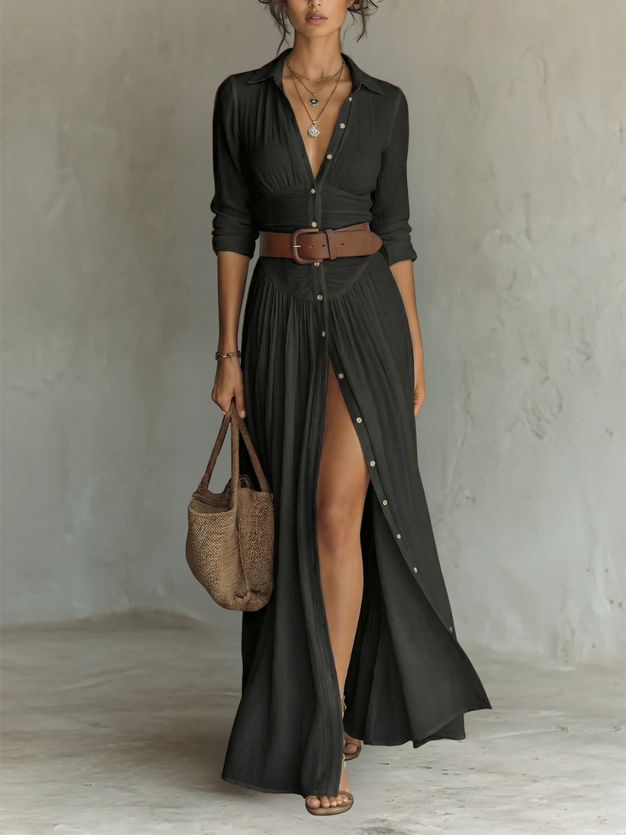 Leinen Maxikleid Langarm, Reverskragen, elegantes Design, Modellansicht 4 von 6