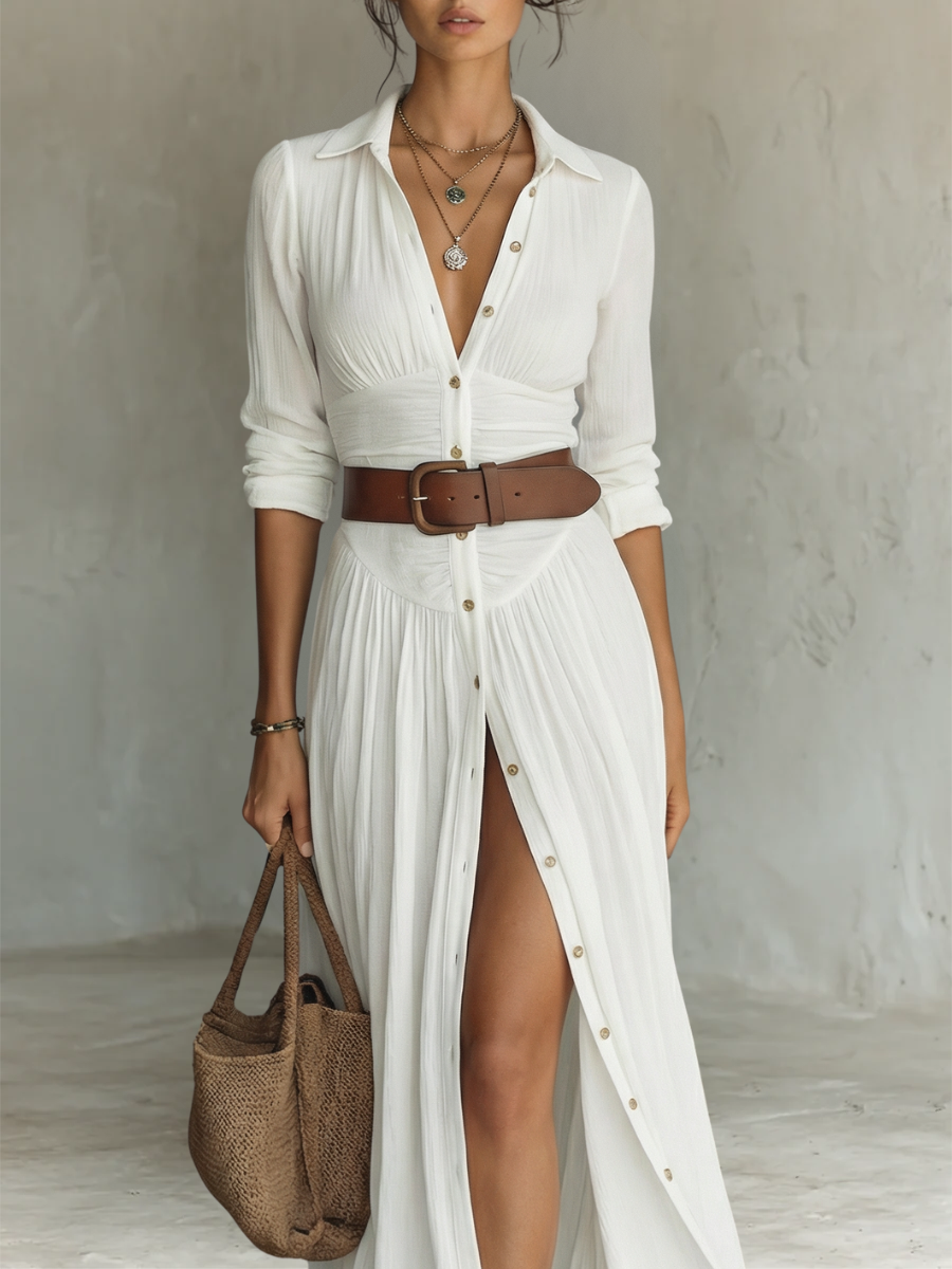 Elegant long-sleeve linen maxi dress with lapel collar, cream, full length, side view.