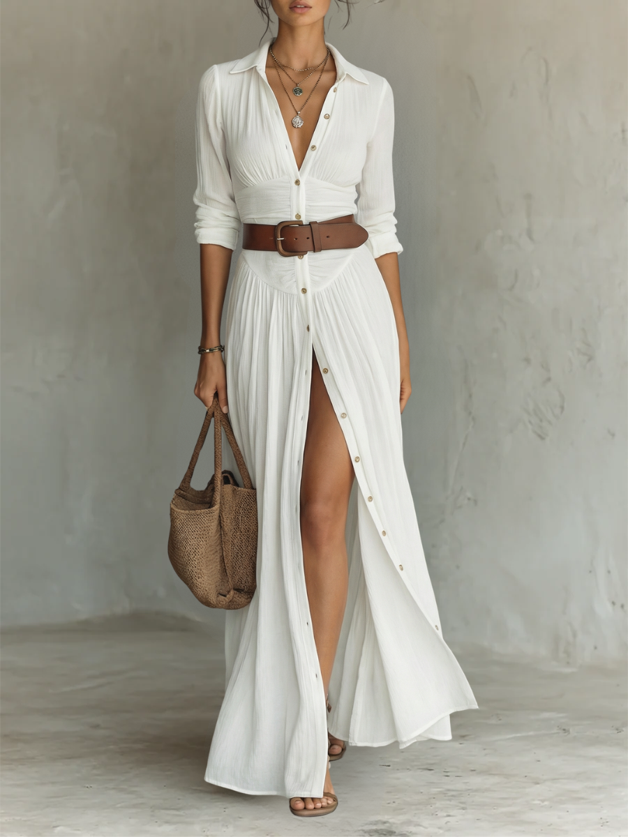Flowy linen pleated maxi dress, elegant and comfortable. Image 1 of 3.
