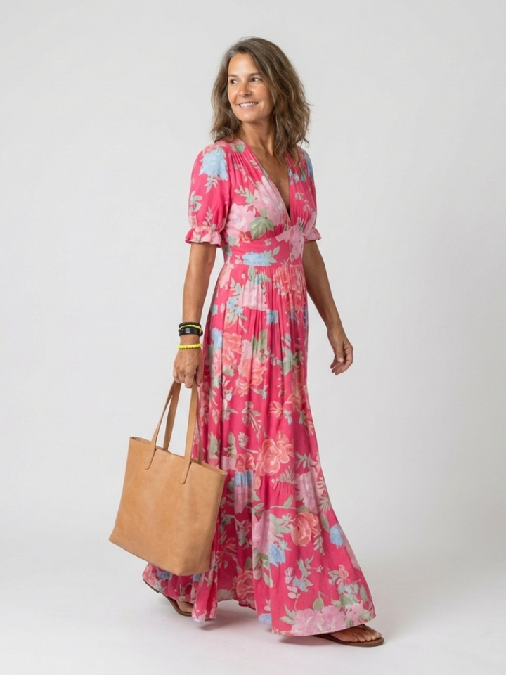 Ione | Kurzes ärmelloses V-Ausschnitt Blumen-Midi-Kleid - Image 5