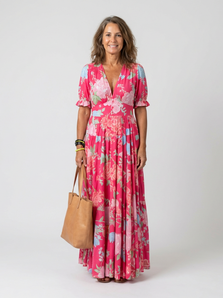 Ione | Kurzes ärmelloses V-Ausschnitt Blumen-Midi-Kleid - Image 4