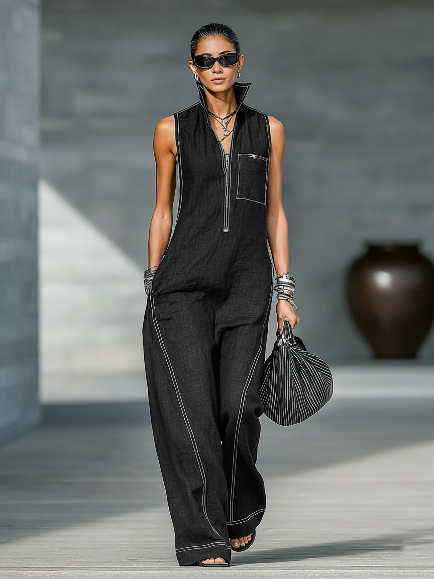Women's sleeveless overall with black contrast trim, side view.