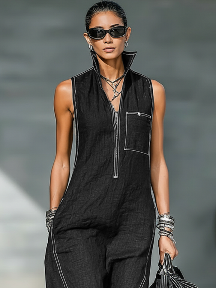Sleeveless overall with black contrast trim, women's fashion, image 3 of 7.