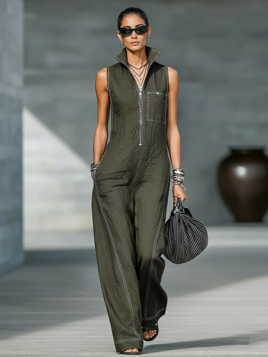Sleeveless denim overall with white contrast trim, back view. Image 6 of 7.