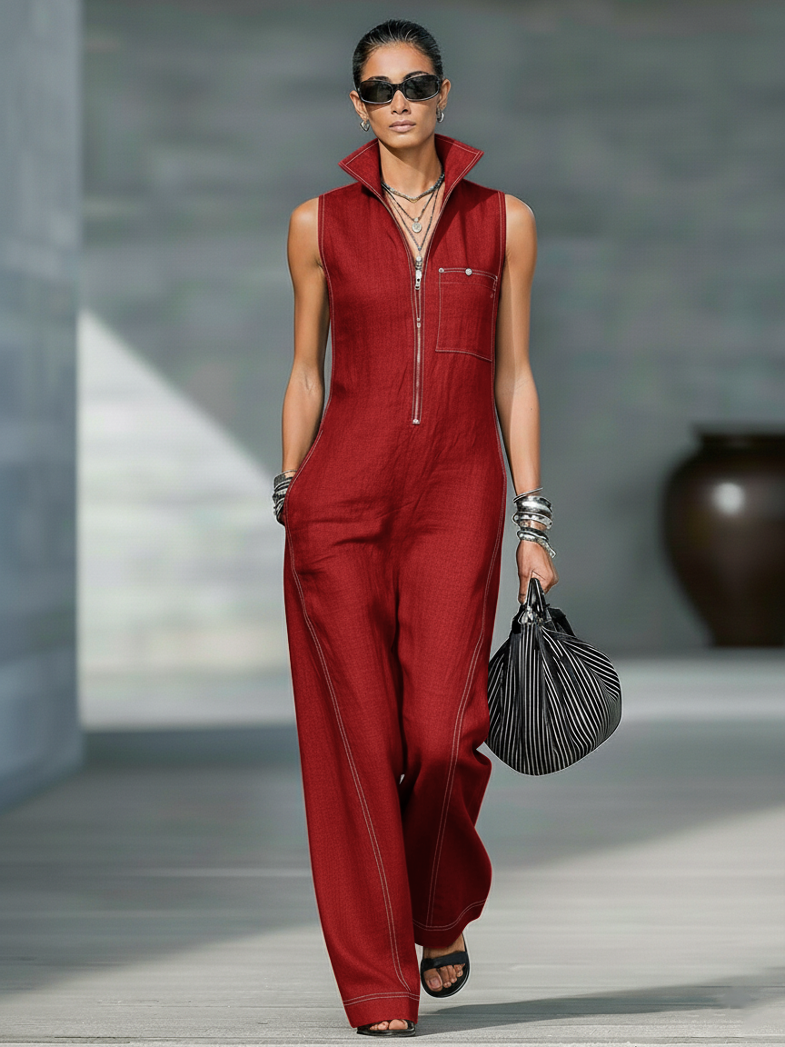 Women's sleeveless overall with contrast trim, back view. Size XL. Model wearing stylish jumpsuit.