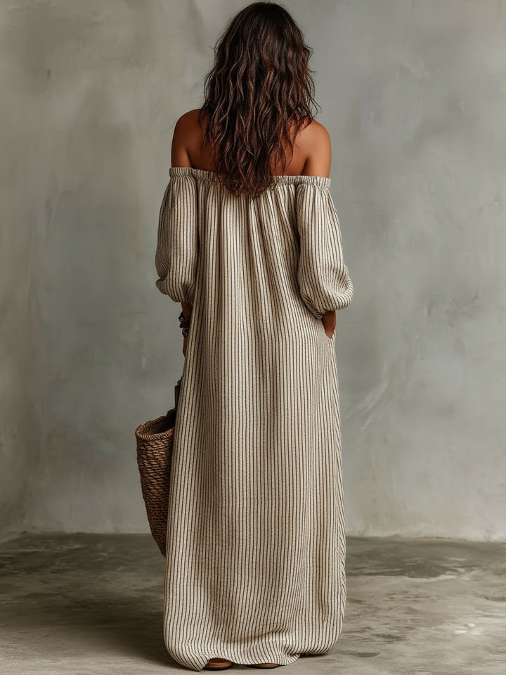 Carmen | Hosszú pamut és len ruha off-the-shoulder dizájnnal