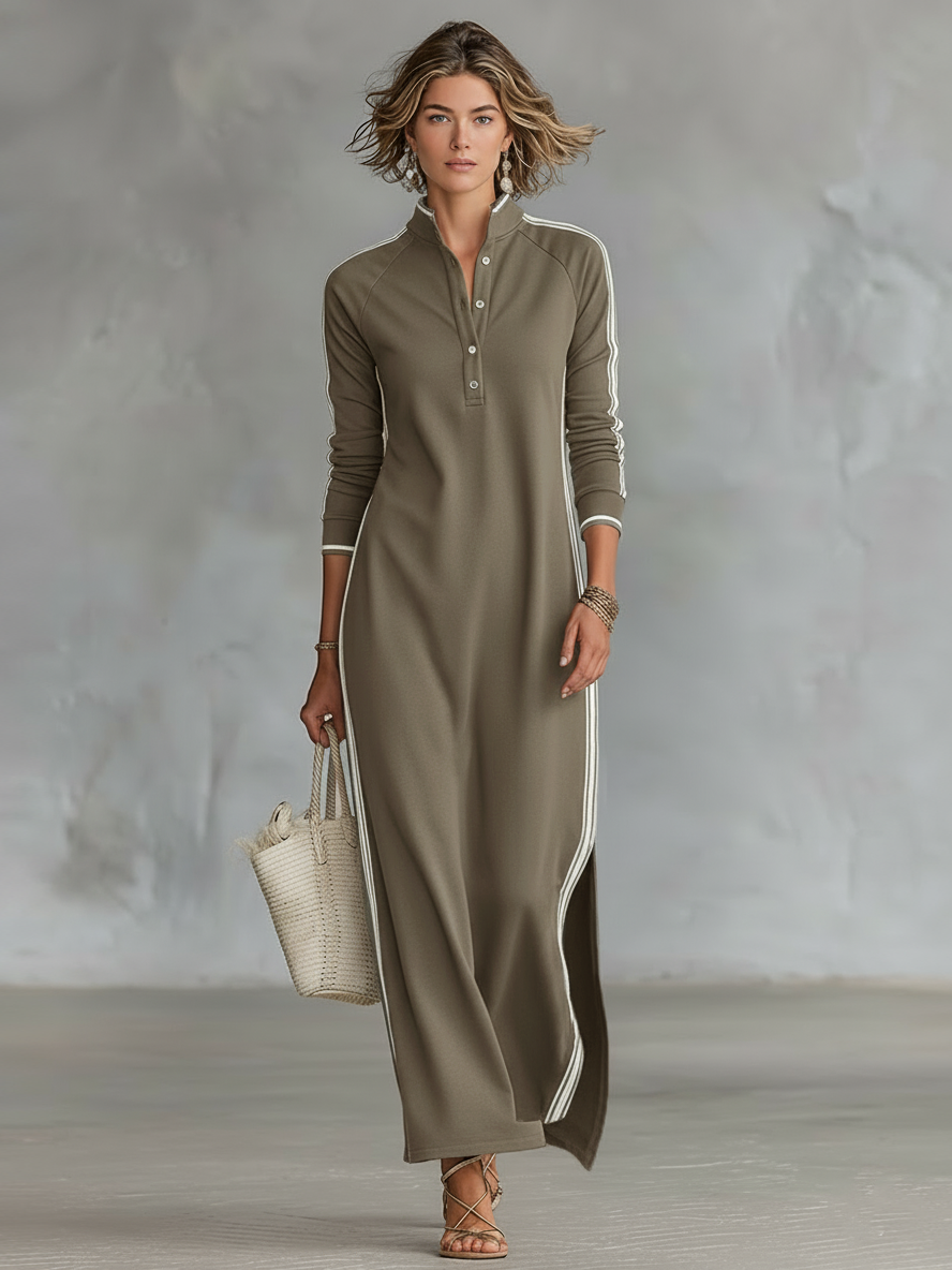 Maxi sweatshirt dress with button collar, long sleeves, and relaxed fit. Image 3 of 8.