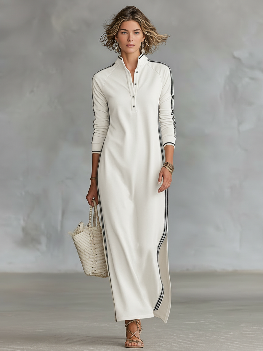 Maxi sweatshirt dress with button collar, cozy and stylish. Image 4 of 8.