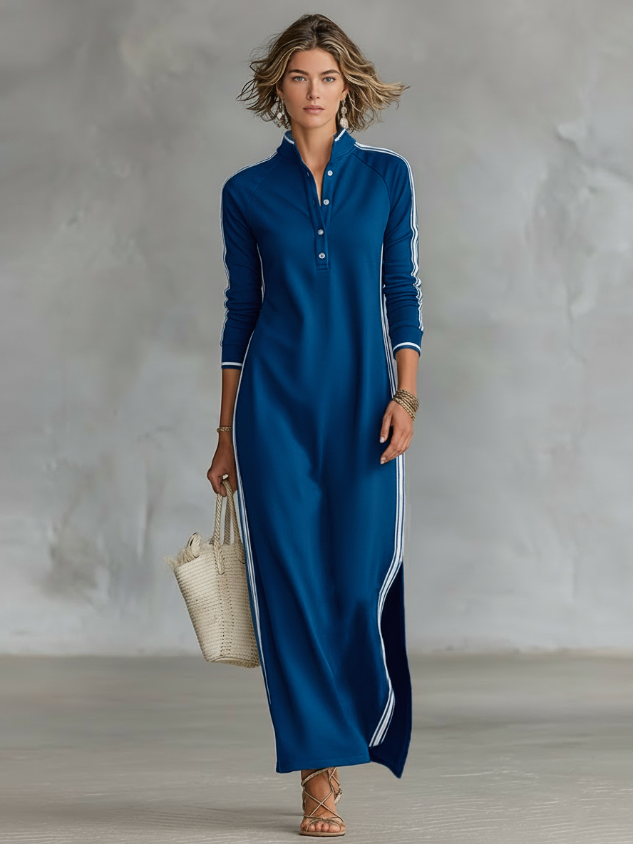 Maxi sweatshirt dress, button collar, heather gray, comfortable oversized fit, side pockets.
