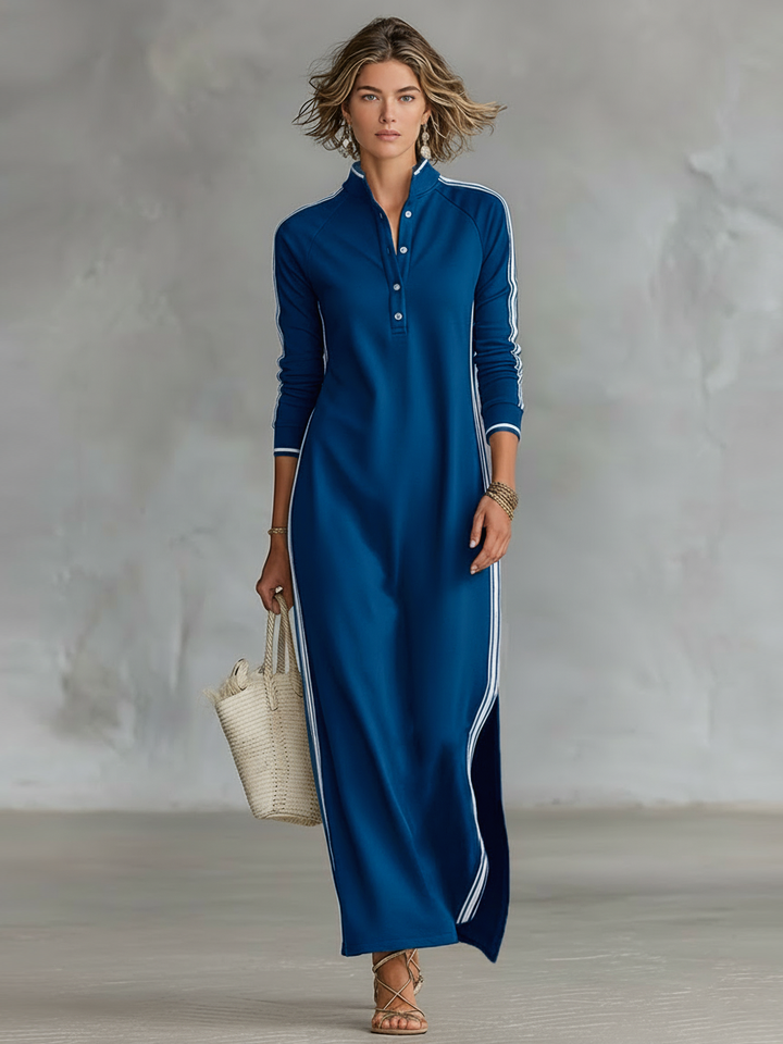 Maxi sweatshirt dress, button collar, heather gray, comfortable oversized fit, side pockets.