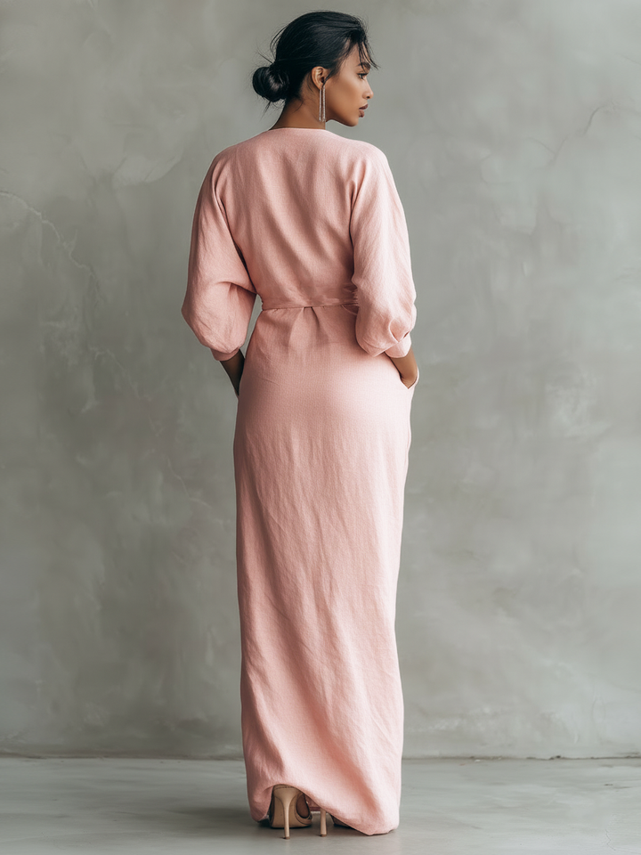 Women's maxi V-neck linen dress, light and airy, perfect for summer. Image 2 of 7.