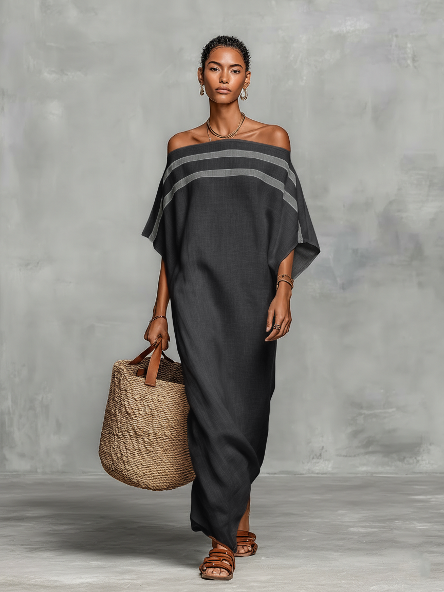 Leinen Maxi Kleid, minimalistisches Sommerkleid für Damen, hellbeige, locker fallend, Modellansicht 3 von 7