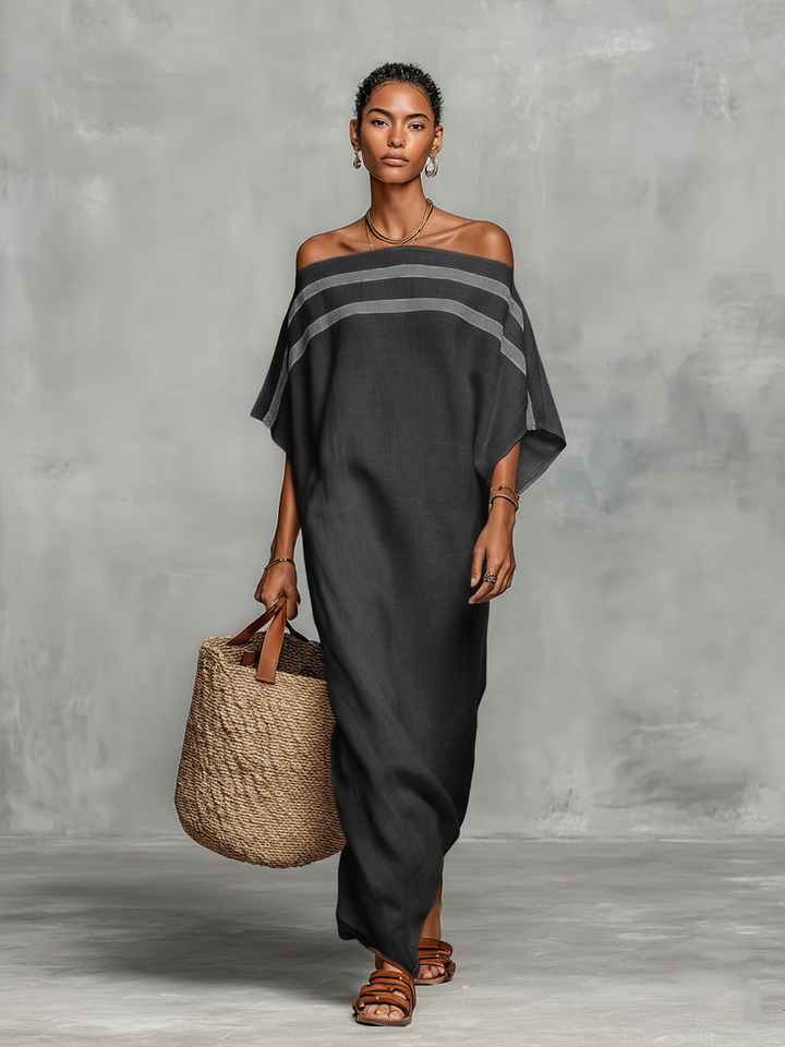 Leinen Maxi Kleid, minimalistisches Sommerkleid für Damen, hellbeige, locker fallend, Modellansicht 3 von 7