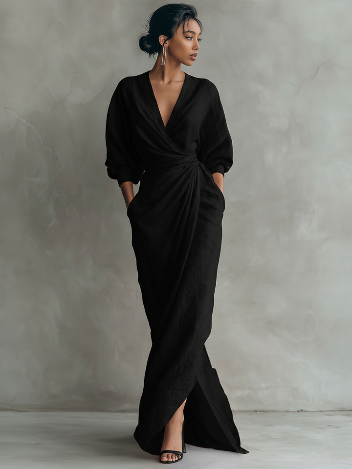 Maxi V-neck linen dress for women, natural fabric, product shot 4 of 7