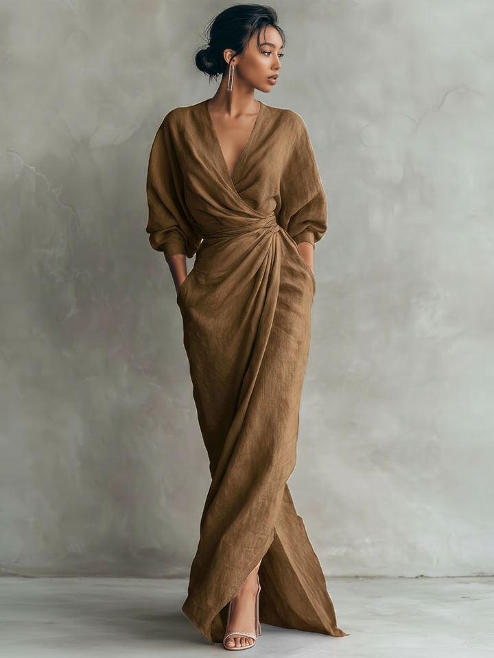 Maxi V-neck linen dress for women, natural fabric, elegant summer fashion. Image 3 of 7.