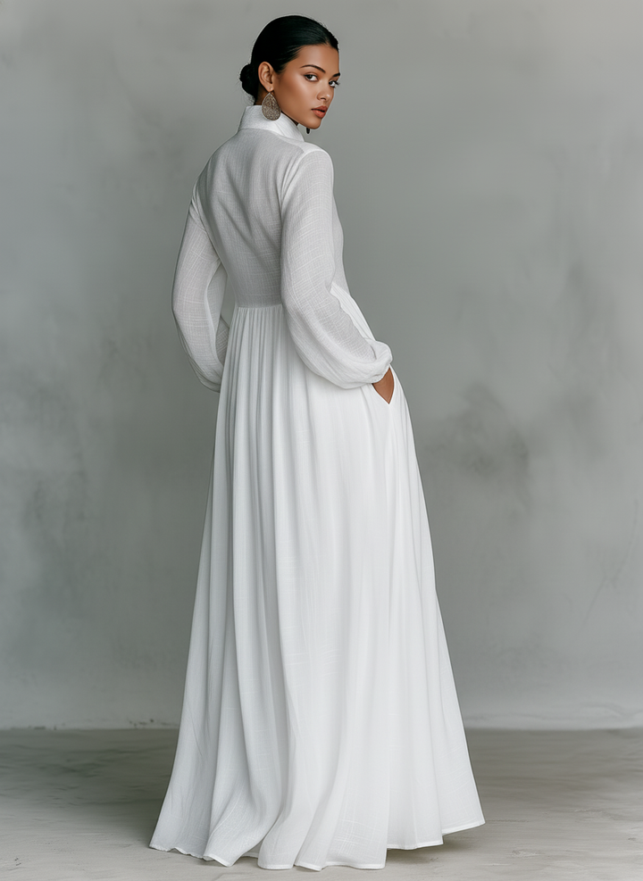 Patchwork linen maxi dress, stand collar, bohemian style. Image 7 of 7.