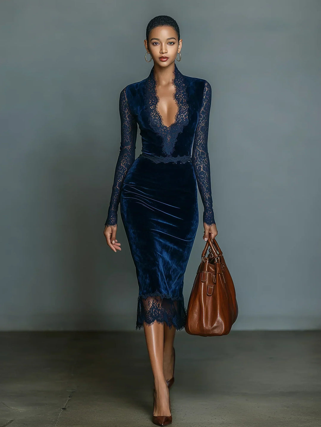 Samt Midi Kleid V-Ausschnitt Spitze Damen Eleganz, dritte Ansicht.