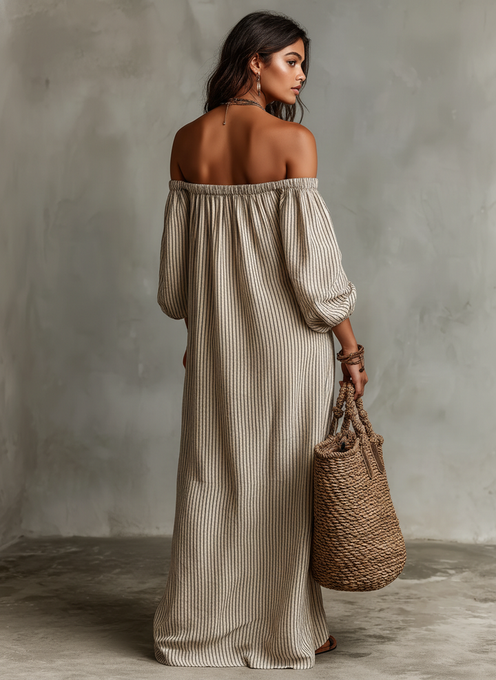 Carmen | Hosszú pamut és len ruha off-the-shoulder dizájnnal