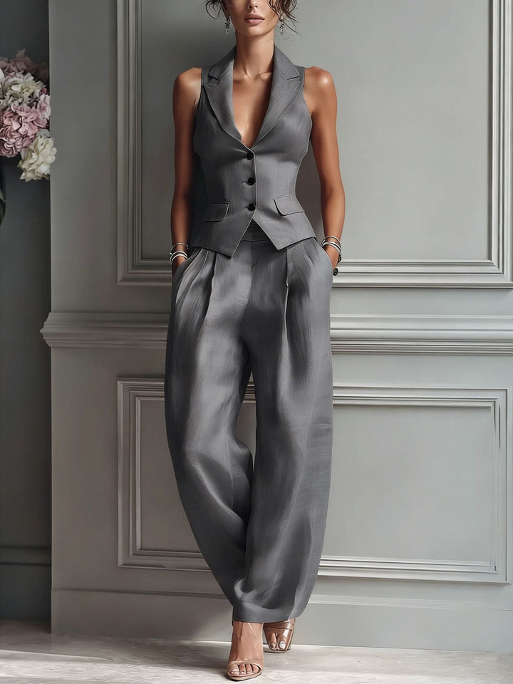 Completo da donna a due pezzi con scollo a V e bottoni - Image 3
