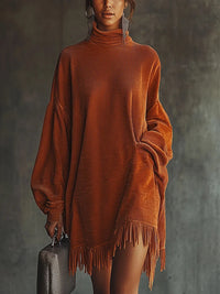 Narancssárga kordbársony ruha, francia szegéllyel és magas gallérral