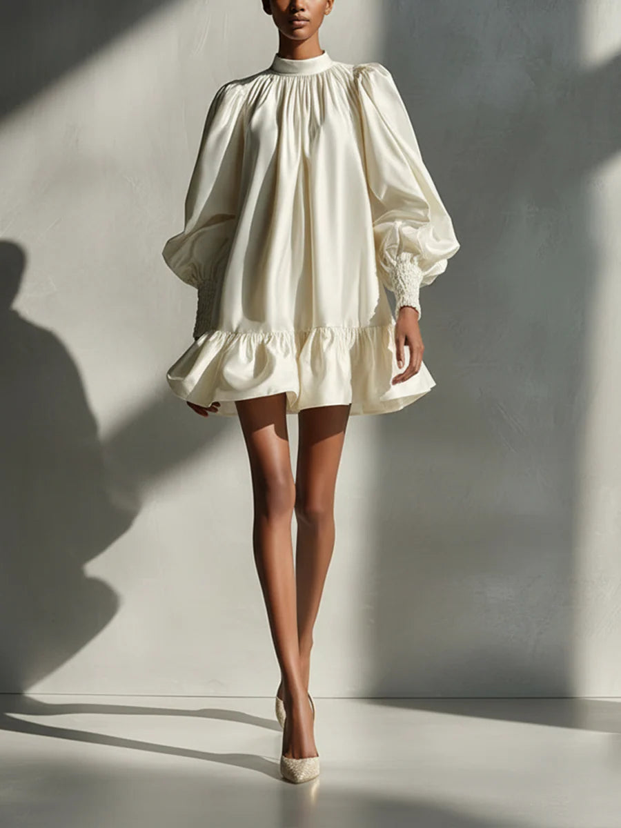 Beige Szatén Puffos Ujjú Mini Ruffled Ruha - Image 2