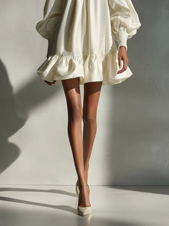 Beige Szatén Puffos Ujjú Mini Ruffled Ruha - Image 3