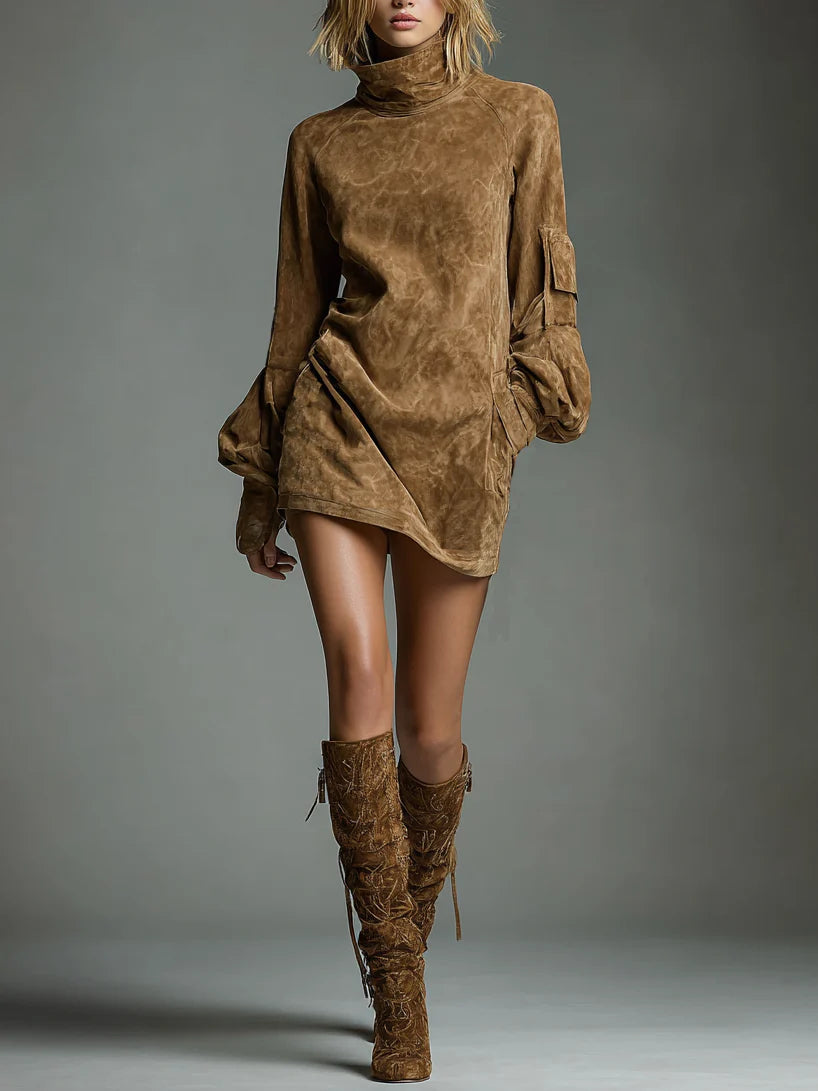 Vintage Suede Mini Ruha Magas Nyakkal - Image 1