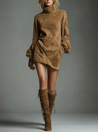 Vintage Suede Mini Ruha Magas Nyakkal