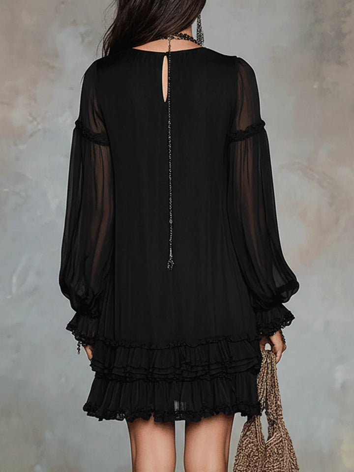 Fekete Chiffon Mini Ruha Lanternina Ujjakkal és Volánnal - Image 2