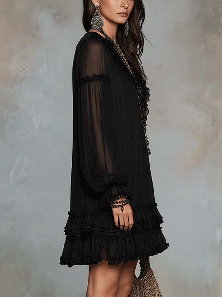 Fekete Chiffon Mini Ruha Lanternina Ujjakkal és Volánnal - Image 3
