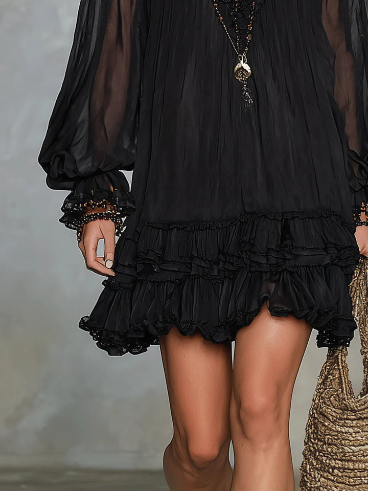 Fekete Chiffon Mini Ruha Lanternina Ujjakkal és Volánnal - Image 6