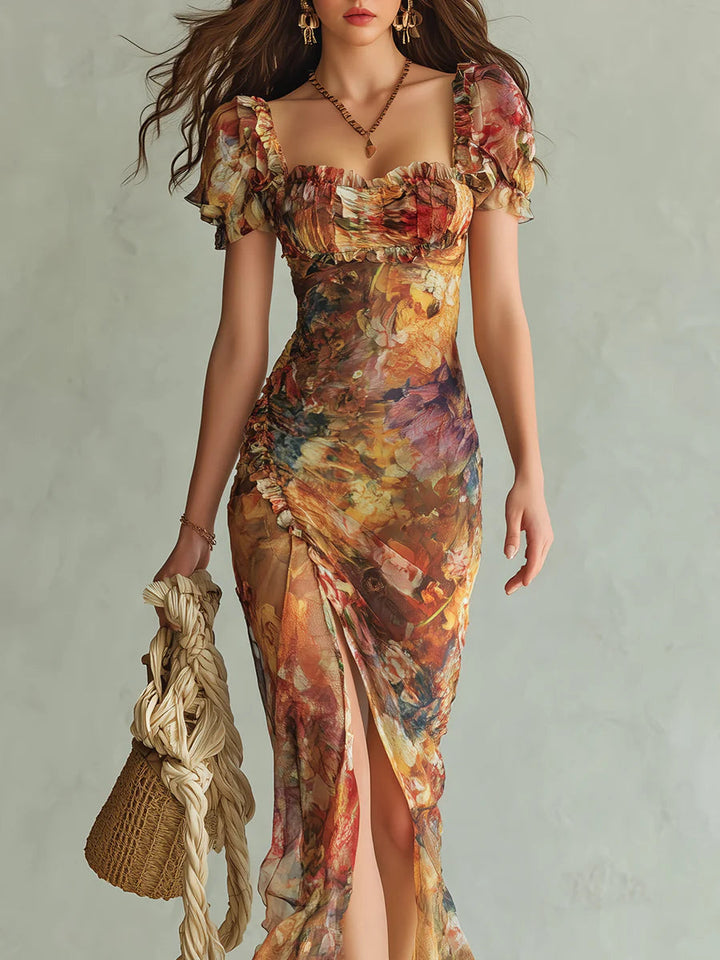 Bohém Narancssárga Olajfestmény Mintás Chiffon Maxi Ruha