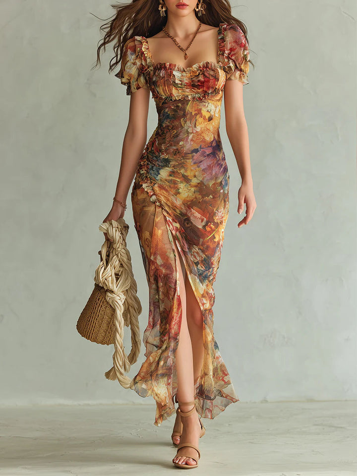 Bohém Narancssárga Olajfestmény Mintás Chiffon Maxi Ruha