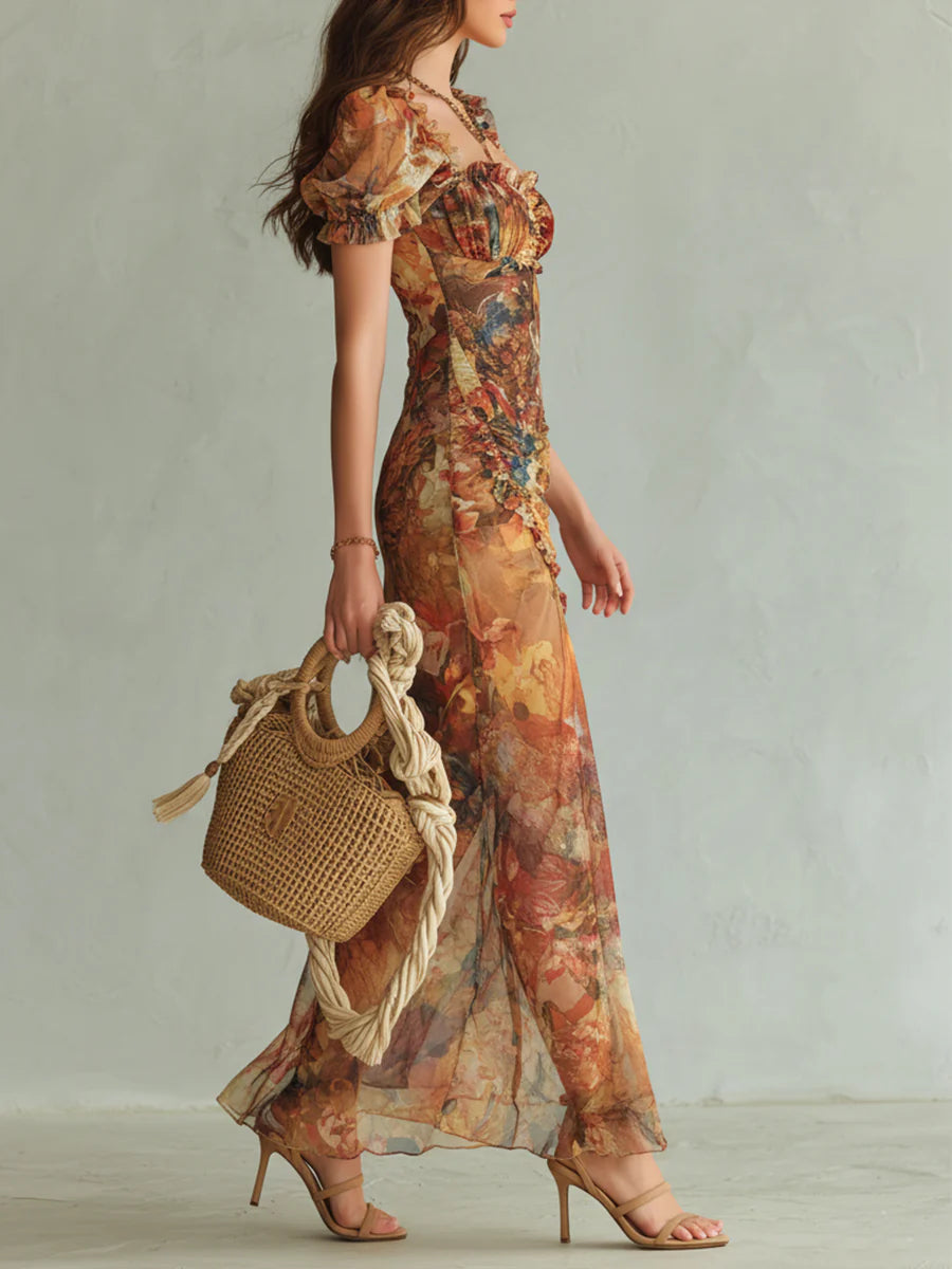 Bohém Narancssárga Olajfestmény Mintás Chiffon Maxi Ruha