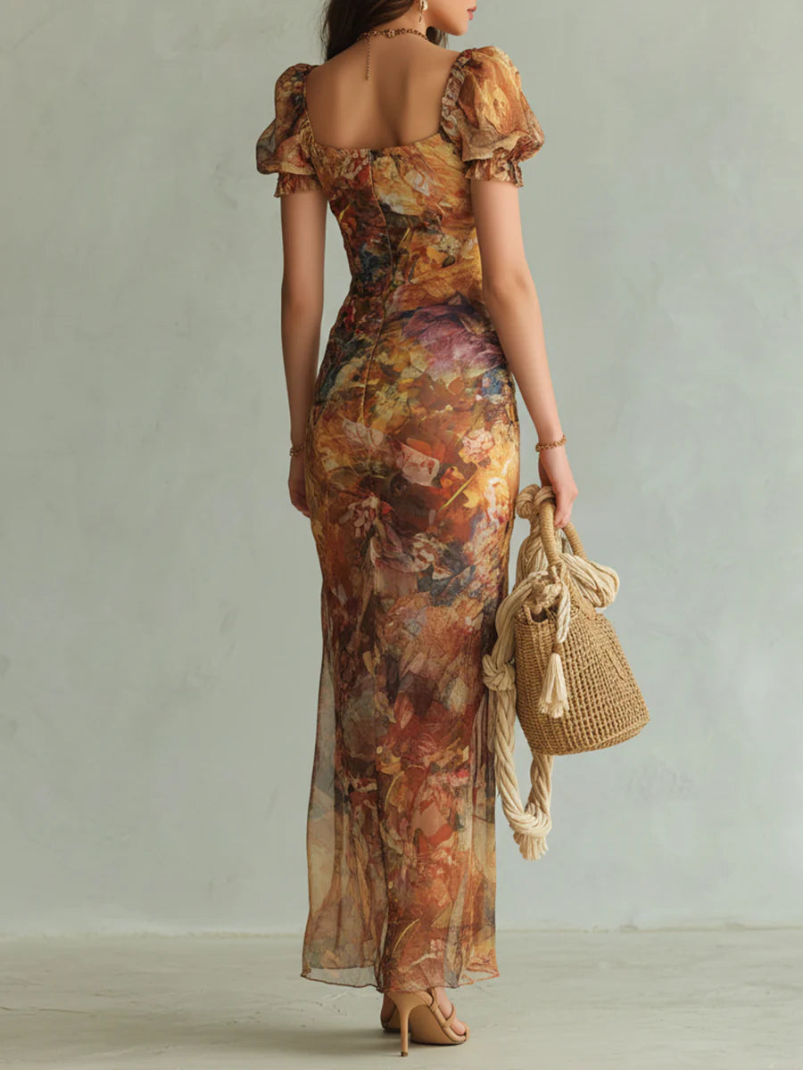 Bohém Narancssárga Olajfestmény Mintás Chiffon Maxi Ruha