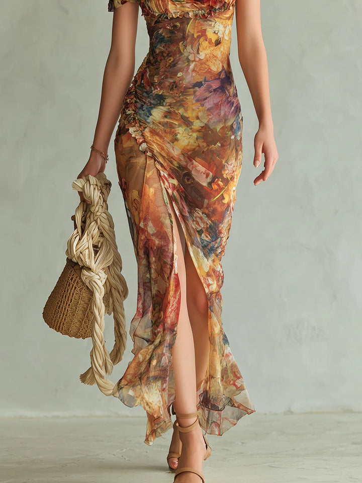 Bohém Narancssárga Olajfestmény Mintás Chiffon Maxi Ruha
