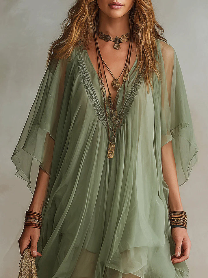 Zöld Chiffon Mini Lebegő Ruha V-kivágással