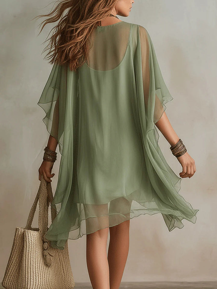 Zöld Chiffon Mini Folyóruha V Kivágással - Image 3