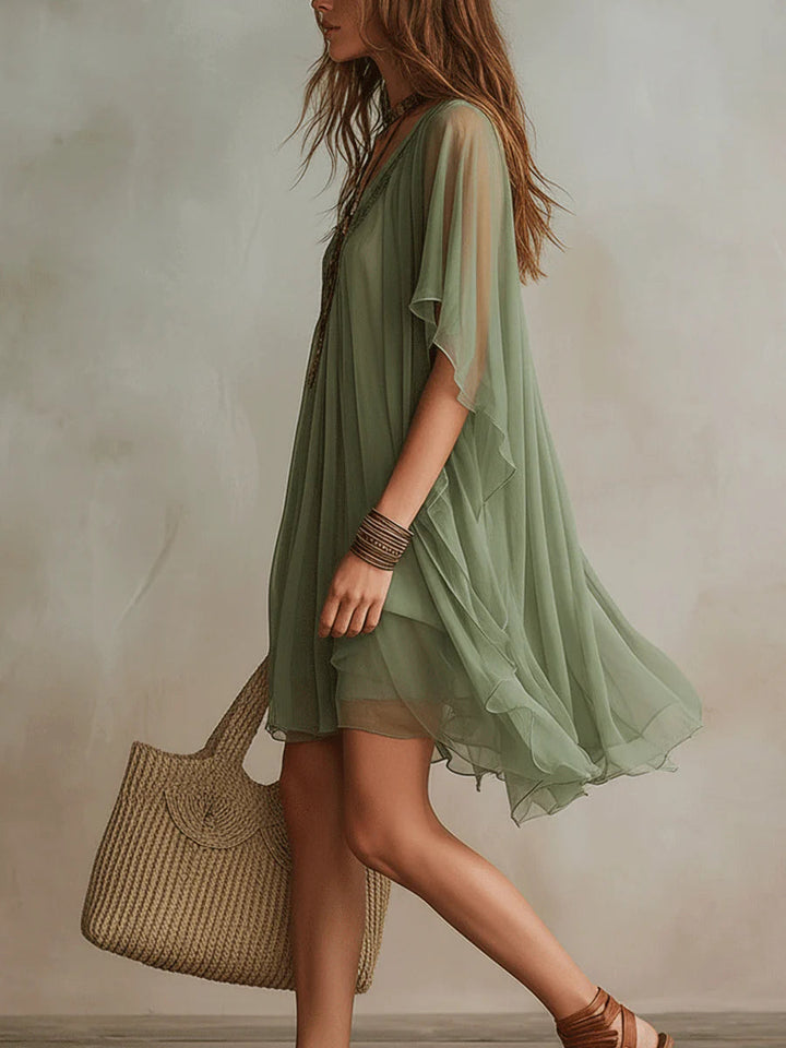 Zöld Chiffon Mini Lebegő Ruha V-kivágással